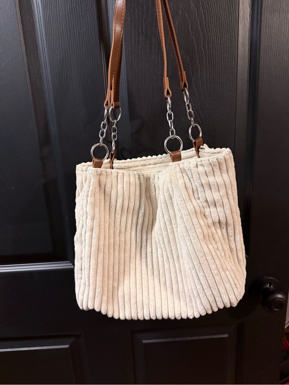 Cream Ribbed Shoulder Tote with Brown Strap and Chain Accents